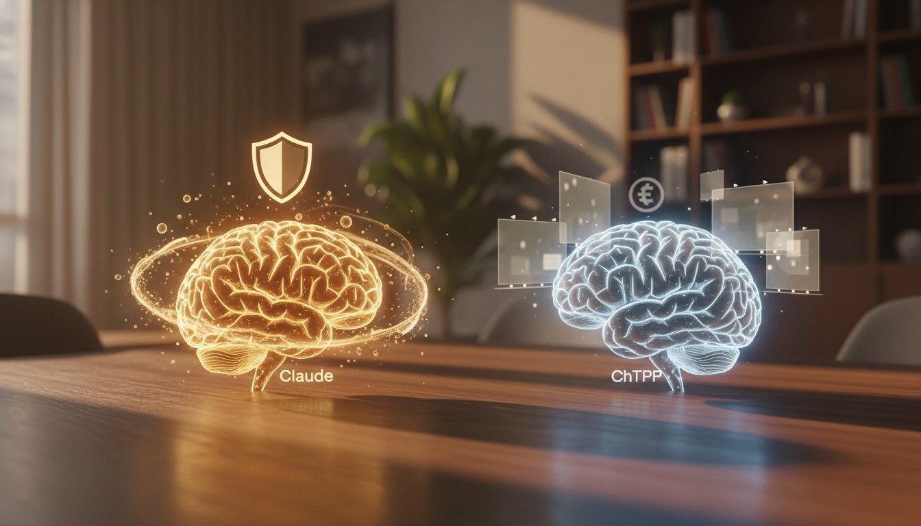 Consumer-facing AI chat interface on a smartphone with no ads in a clean modern setting