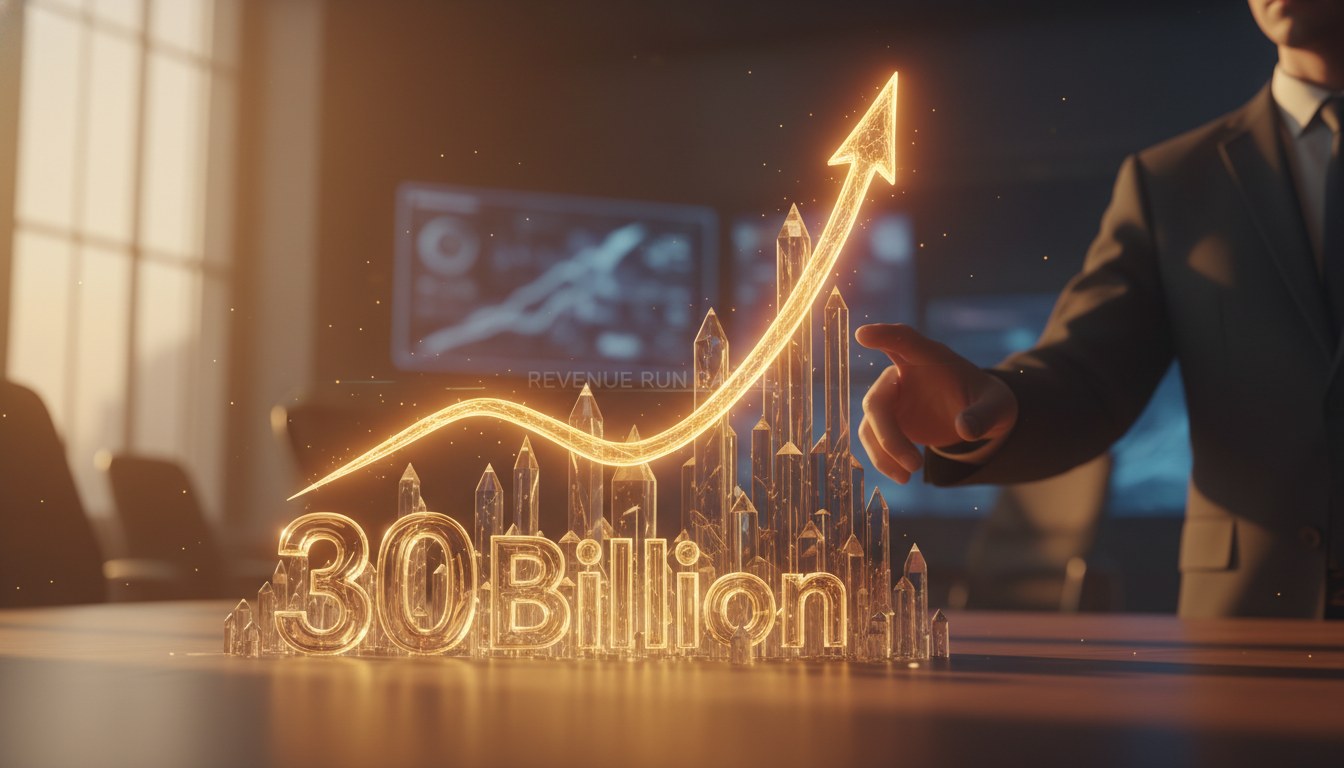 Business conference stage with enterprise technology company logos and revenue growth chart on display