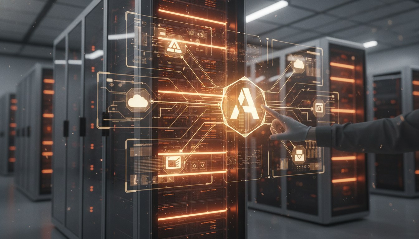 Enterprise IT architects reviewing AI integration diagrams showing interconnected business systems