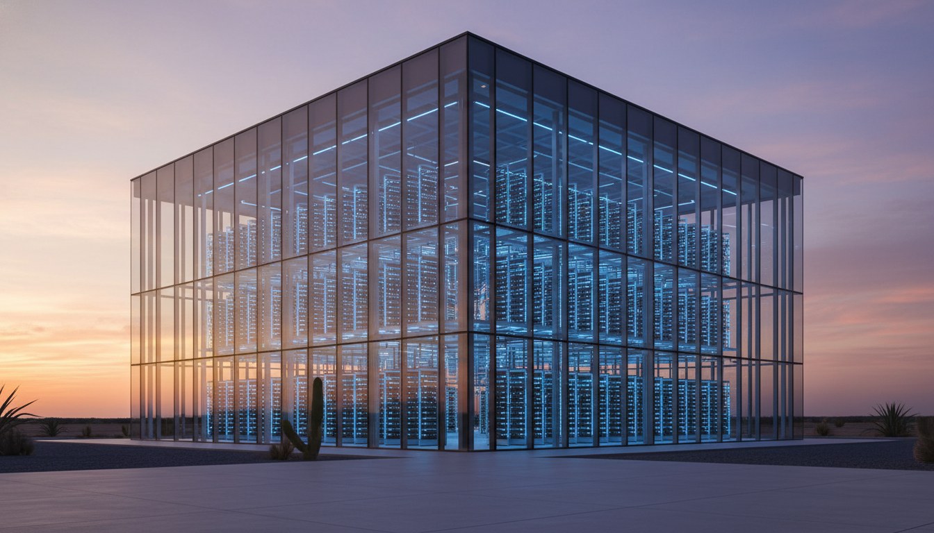 Two private equity executives shaking hands in front of a data center facility