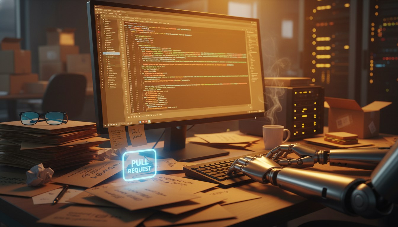Developer at a workstation with Claude Code terminal windows and a code review interface on dual monitors