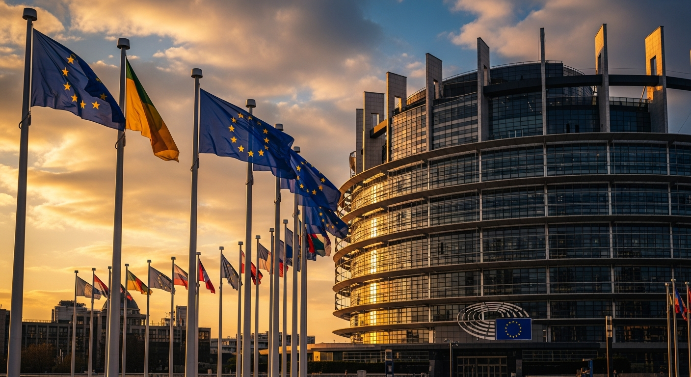 EU regulatory documents and legislative assembly chamber with AI governance text overlay