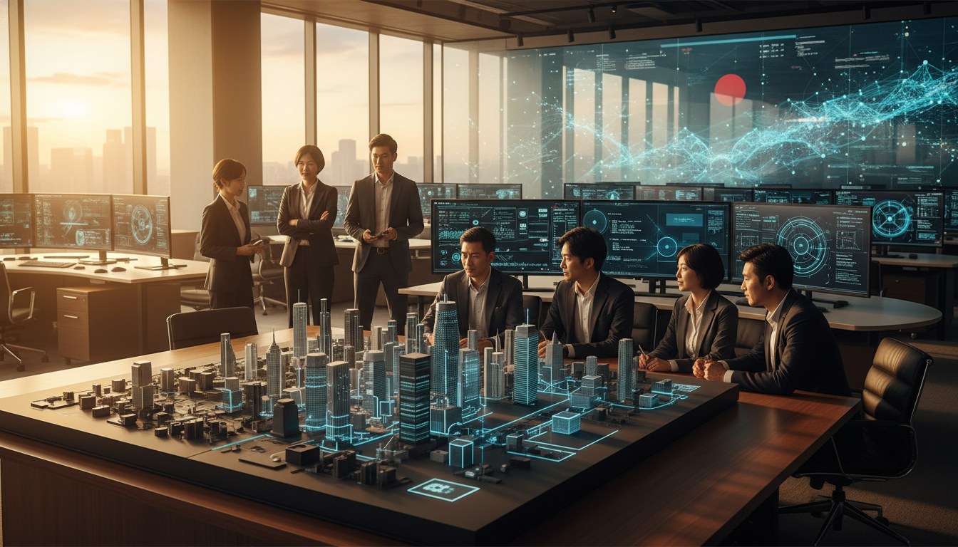 Enterprise technology office with multiple dashboards and business application integrations on display