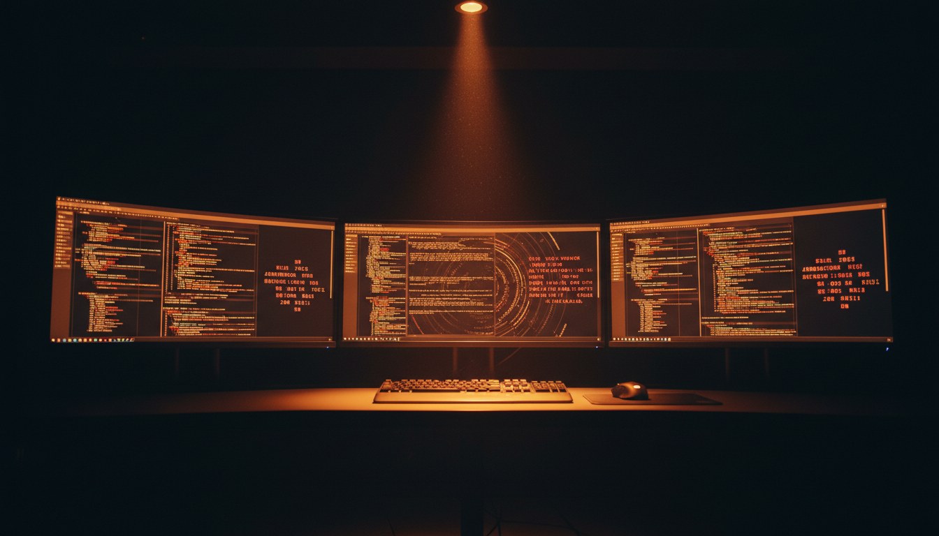 Dimly lit government security operations center with classified network monitoring systems