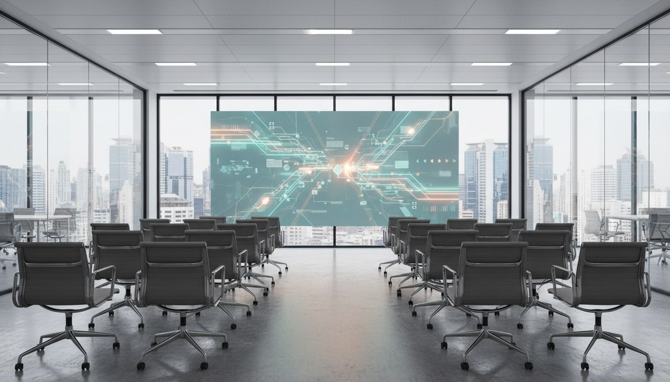 Software integration dashboard on a large monitor in a modern enterprise office